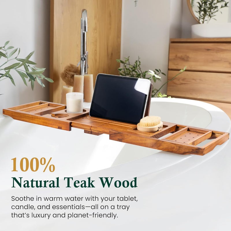 Realgulf Teak Bathtub Tray, Bath Caddy with Wine Glass Holder, Phone Dock & Book Stand | Hands-Free Reading & Ultimate Spa Relaxation Experience-Natural - Image 2